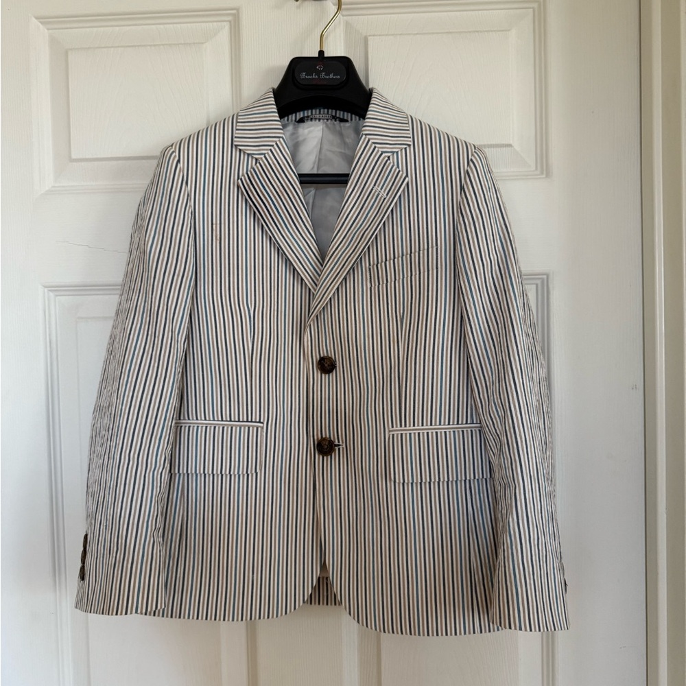 Brooks Brothers Boys Seersucker Blazer with Pants suit - Blue, Khaki stripes